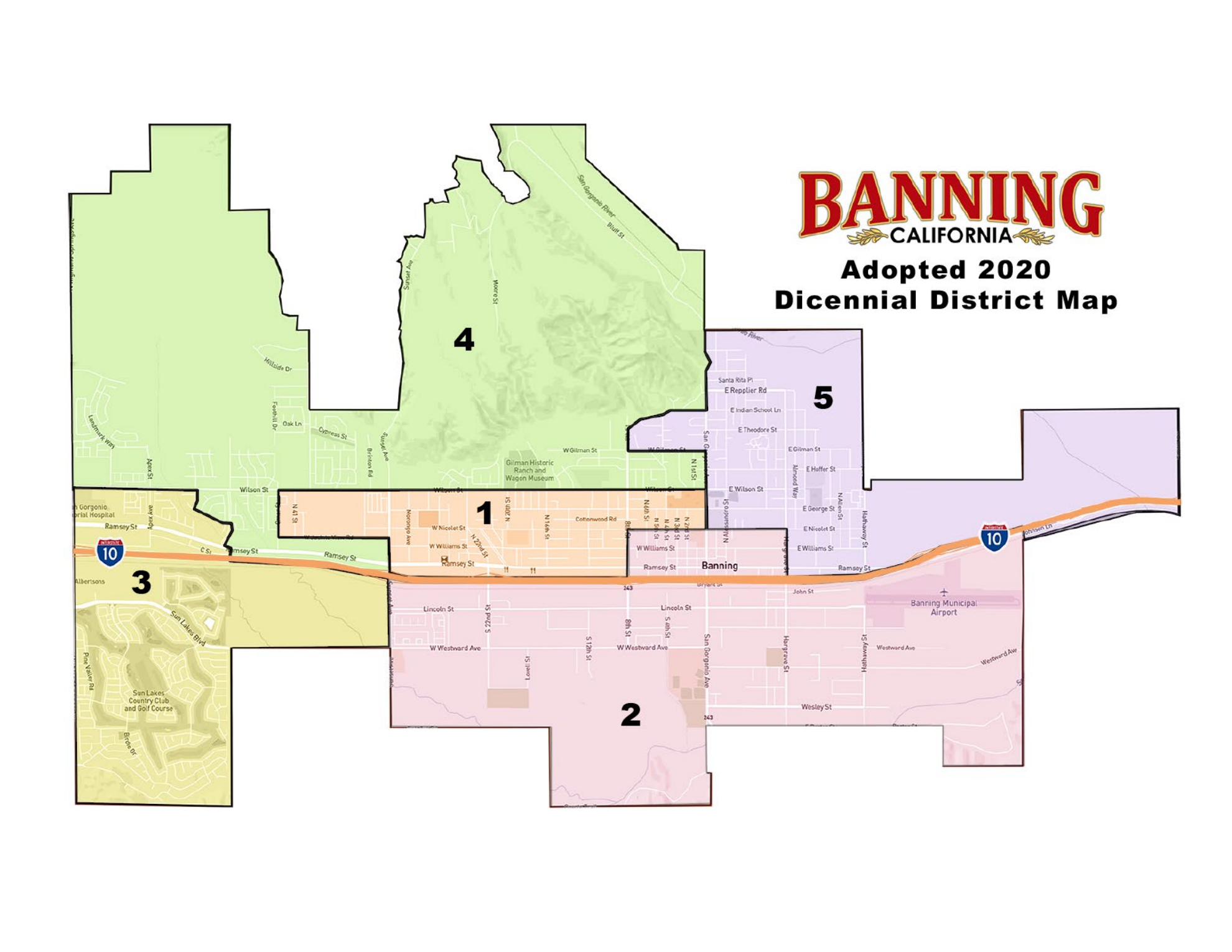Official map of Banning’s five City Council districts, with District 5 in the northeast